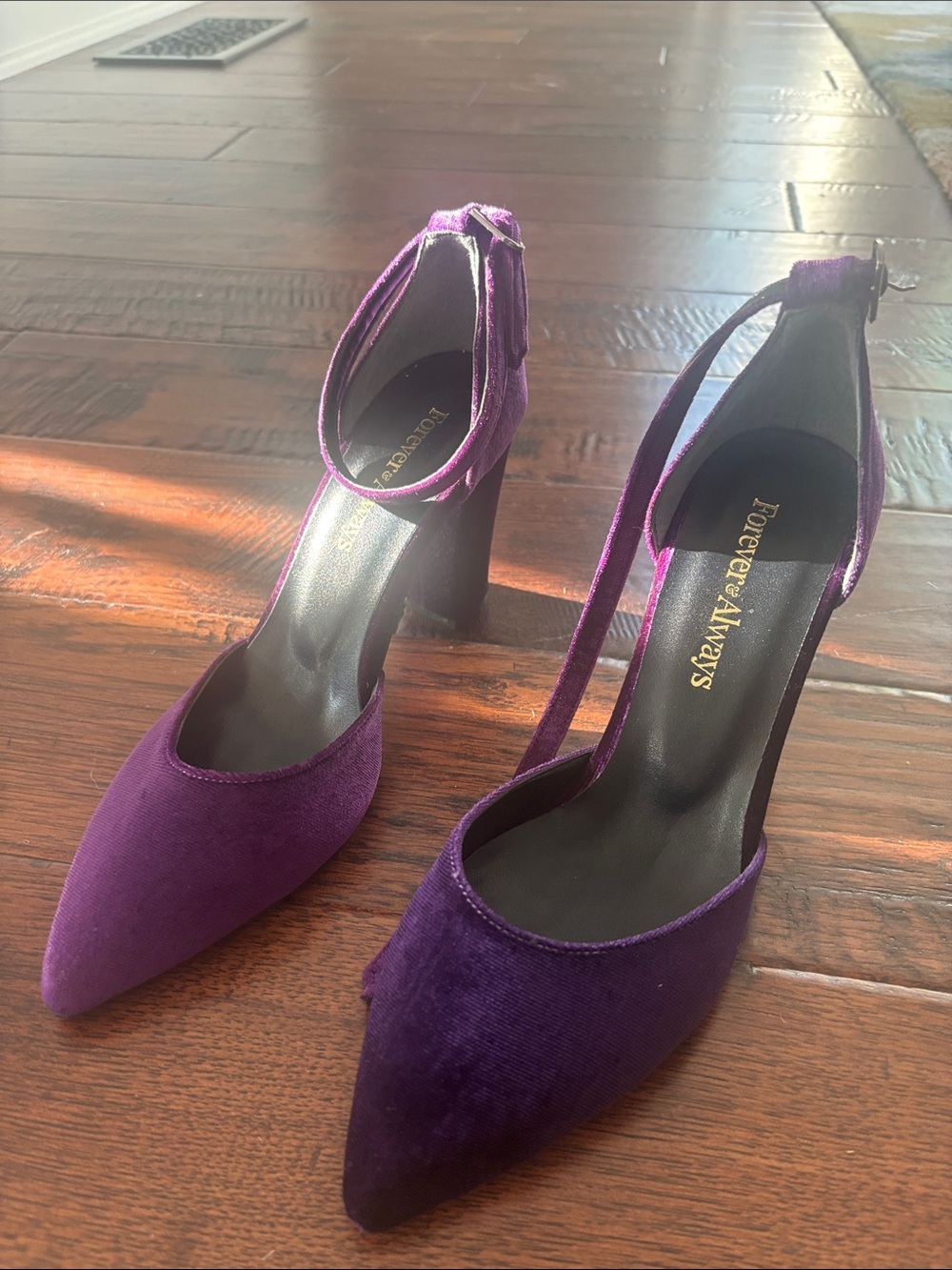 Women's Purple Velvet Pointed-Toe Ankle-Strap Heels